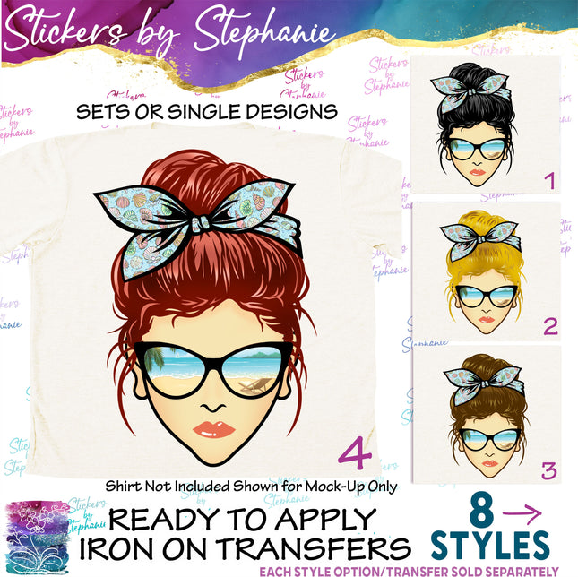 (s02-352) Messy Bun Hair Beach Sunglasses Graphic Iron-On Transfer or Sticker or Sticker