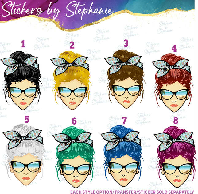 (s02-352) Messy Bun Hair Beach Sunglasses Graphic Iron-On Transfer or Sticker or Sticker