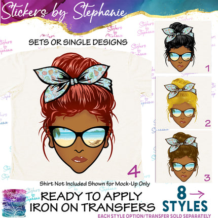 (s02-353) Messy Bun Hair African American Beach Sunglasses Graphic Iron-On Transfer or Sticker