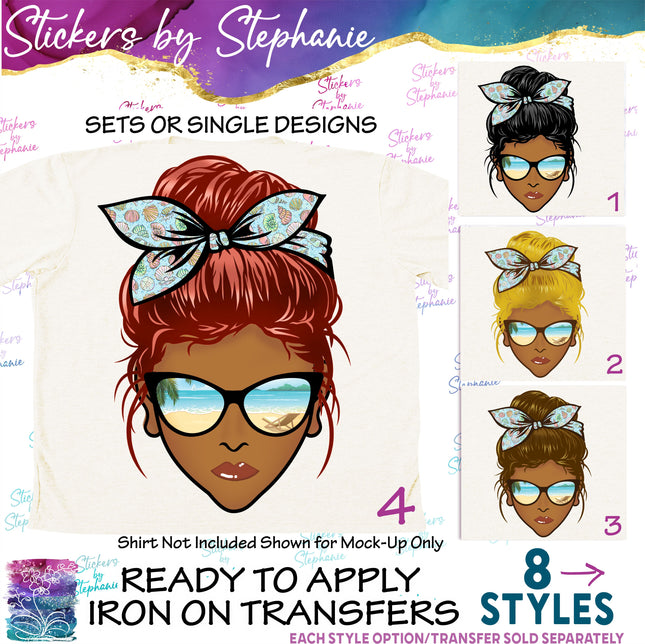 (s02-353) Messy Bun Hair African American Beach Sunglasses Graphic Iron-On Transfer or Sticker
