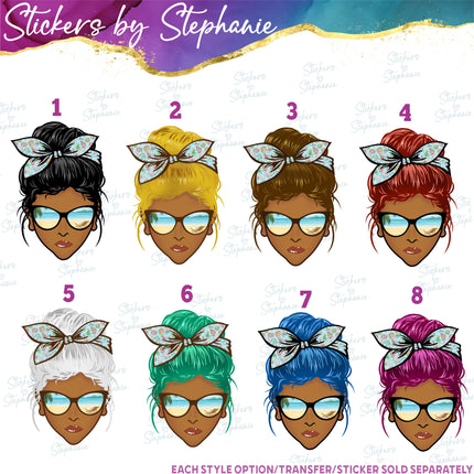 (s02-353) Messy Bun Hair African American Beach Sunglasses Graphic Iron-On Transfer or Sticker