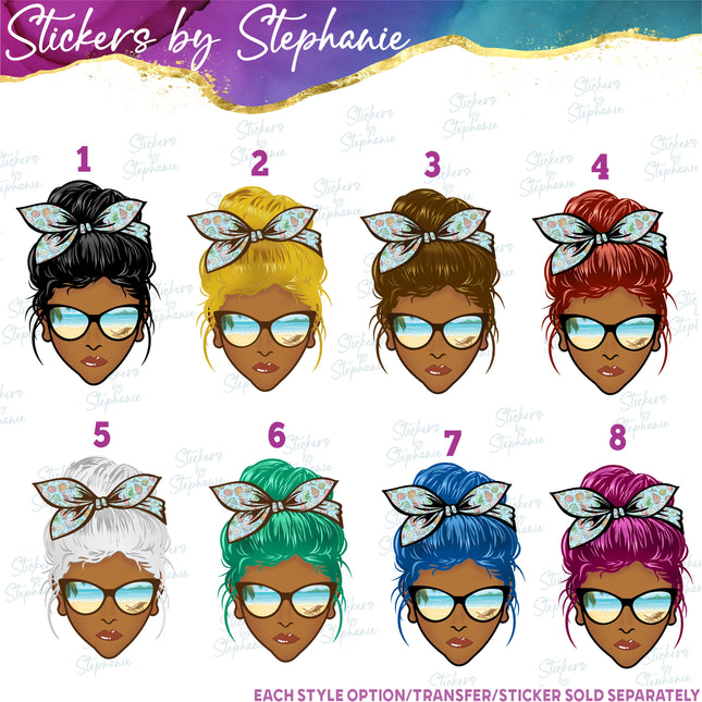 (s02-353) Messy Bun Hair African American Beach Sunglasses Graphic Iron-On Transfer or Sticker