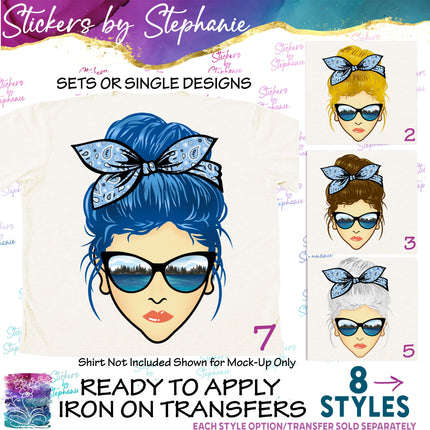 (s02-354) Messy Bun Hair Lake Sunglasses Graphic Iron-On Transfer or Sticker