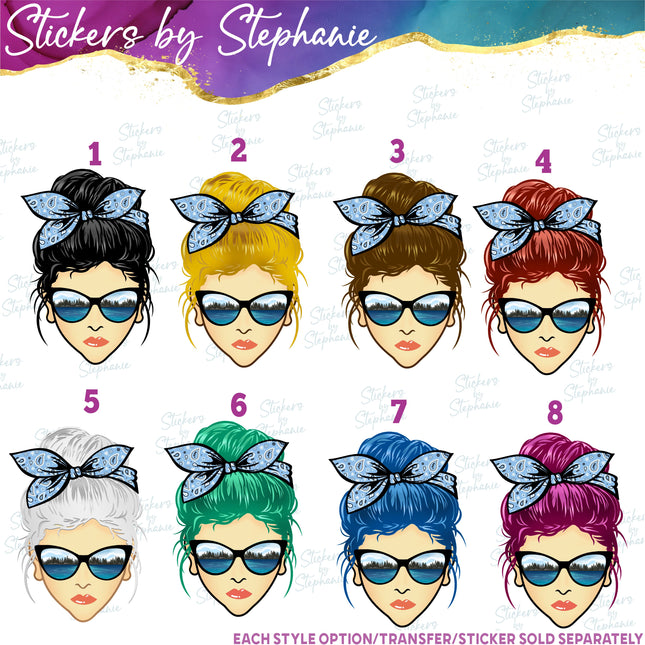 (s02-354) Messy Bun Hair Lake Sunglasses Graphic Iron-On Transfer or Sticker