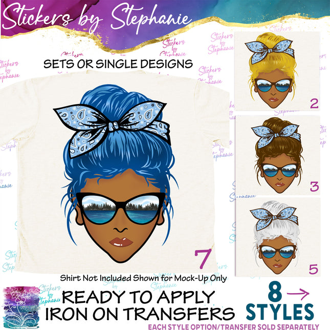 (s02-355) Messy Bun Hair African-American Lake Sunglasses Graphic Iron-On Transfer or Sticker