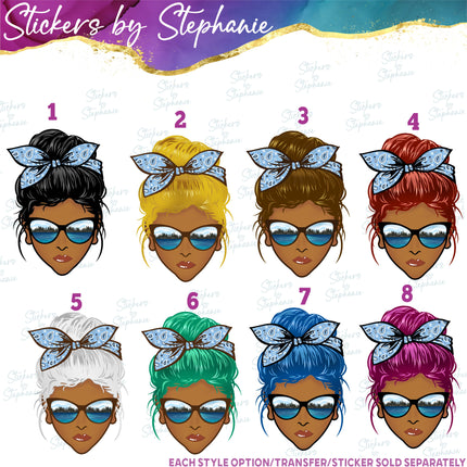 (s02-355) Messy Bun Hair African-American Lake Sunglasses Graphic Iron-On Transfer or Sticker