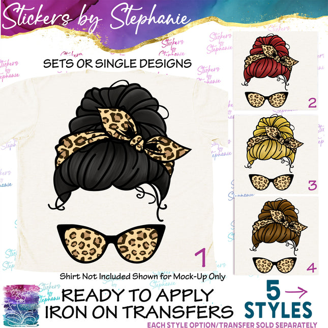 (s02-356) Messy Bun Hair Leopard Print Sunglasses Graphic Iron-On Transfer or Sticker