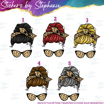 (s02-356) Messy Bun Hair Leopard Print Sunglasses Graphic Iron-On Transfer or Sticker