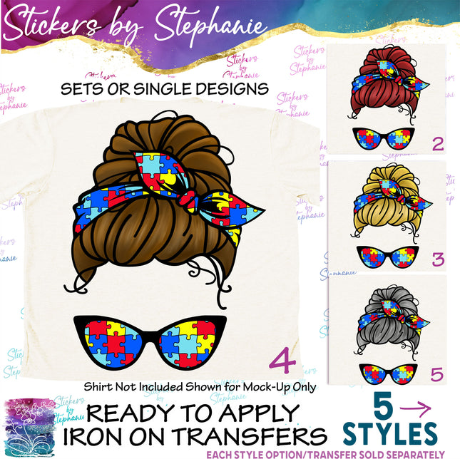 (s02-357) Messy Bun Hair Autism Puzzle Print Sunglasses Graphic Iron-On Transfer or Sticker