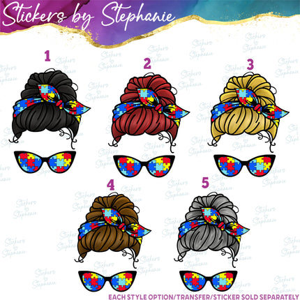 (s02-357) Messy Bun Hair Autism Puzzle Print Sunglasses Graphic Iron-On Transfer or Sticker