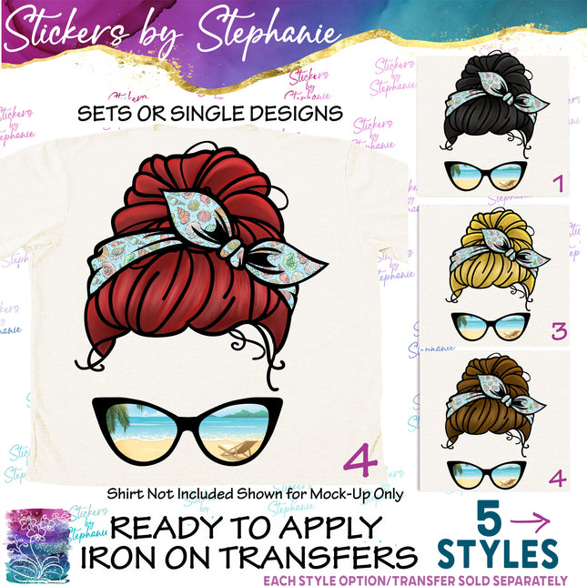 (s02-358) Messy Bun Hair Beach Sunglasses Graphic Iron-On Transfer or Sticker