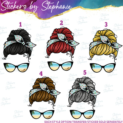 (s02-358) Messy Bun Hair Beach Sunglasses Graphic Iron-On Transfer or Sticker