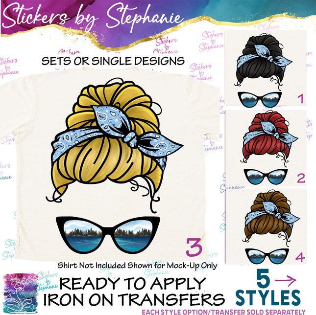 (s02-359) Messy Bun Hair Lake Sunglasses Graphic Iron-On Transfer or Sticker
