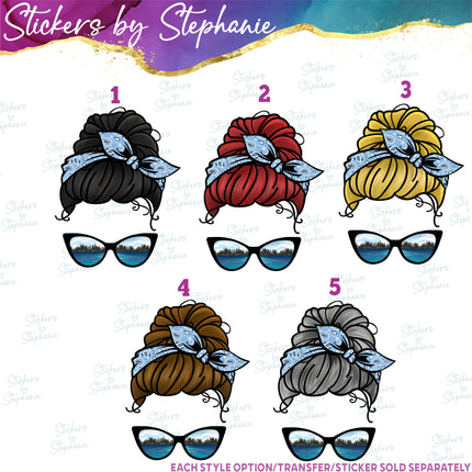 (s02-359) Messy Bun Hair Lake Sunglasses Graphic Iron-On Transfer or Sticker