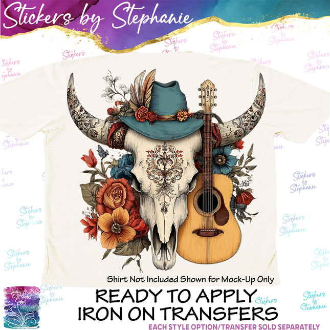 (s02-036) Boho Western Cow Skull Guitar Graphic Iron-On Transfer or Sticker