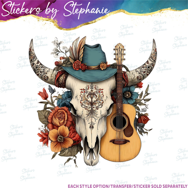 (s02-036) Boho Western Cow Skull Guitar Graphic Iron-On Transfer or Sticker