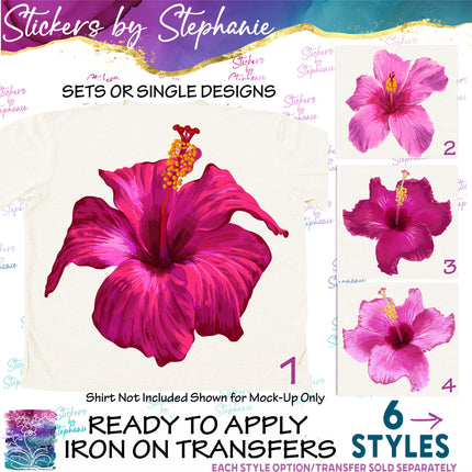 (s02-038) Hot Pink Hibiscus Flowers Graphic Iron-On Transfer or Sticker