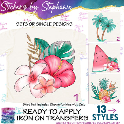 (s02-039) Tropical Flowers Palm Tree Watermelon Graphic Iron-On Transfer or Sticker