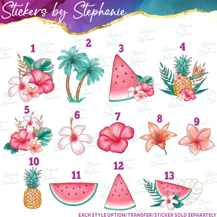 (s02-039) Tropical Flowers Palm Tree Watermelon Graphic Iron-On Transfer or Sticker