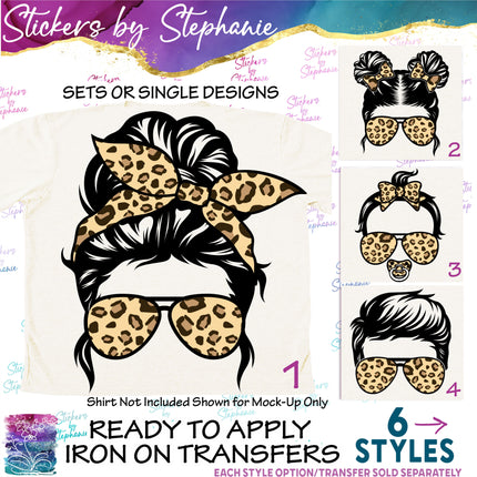 (s02-004) Messy Bun Family Leopard Print Sunglasses Graphic Iron-On Transfer or Sticker