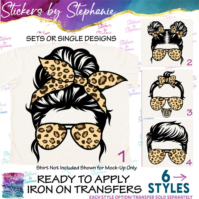 (s02-004) Messy Bun Family Leopard Print Sunglasses Graphic Iron-On Transfer