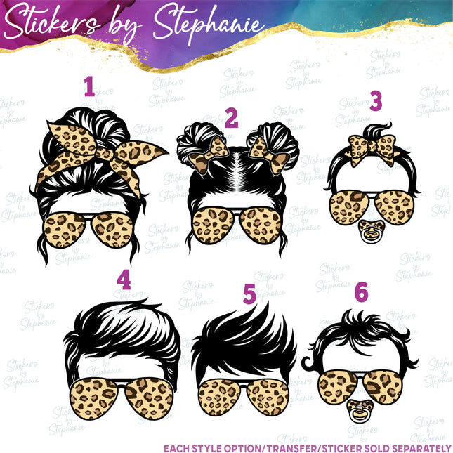 (s02-004) Messy Bun Family Leopard Print Sunglasses Graphic Iron-On Transfer