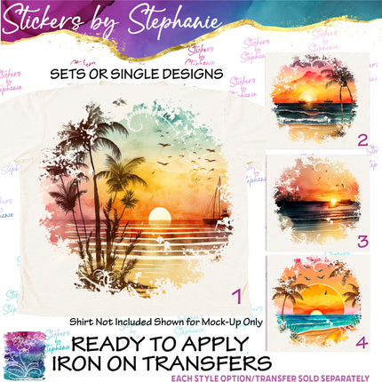 (s02-040) Beach Ocean Sunset Landscape Watercolor Graphic Iron-On Transfer or Sticker