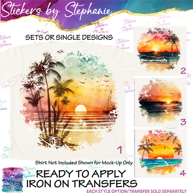 (s02-040) Beach Ocean Sunset Landscape Watercolor Graphic Iron-On Transfer
