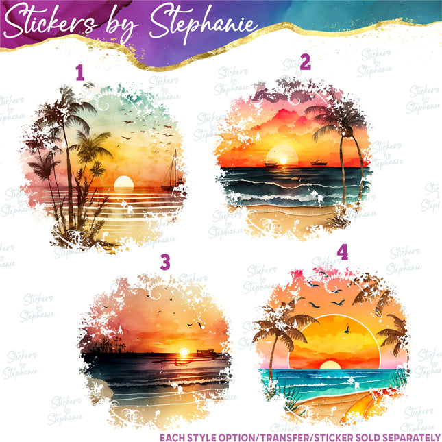 (s02-040) Beach Ocean Sunset Landscape Watercolor Graphic Iron-On Transfer