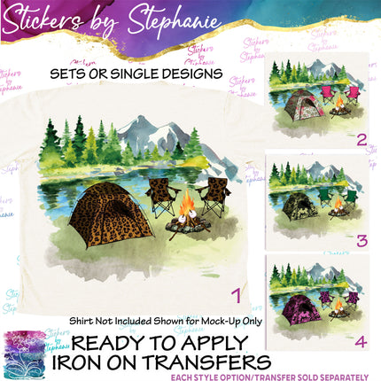 (s02-041) Tent Camping Campfire Watercolor Graphic Iron-On Transfer or Sticker