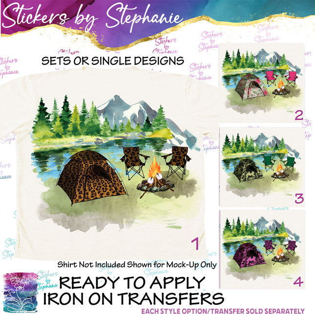 (s02-041) Tent Camping Campfire Watercolor Graphic Iron-On Transfer