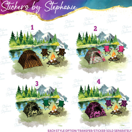 (s02-041) Tent Camping Campfire Watercolor Graphic Iron-On Transfer or Sticker