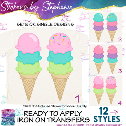 (s02-042) Colorful Triple Scoop Ice Cream Cone Sprinkles Graphic Iron-On Transfer or Sticker