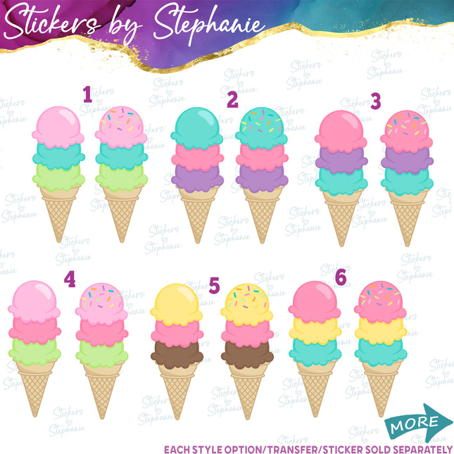 (s02-042) Colorful Triple Scoop Ice Cream Cone Sprinkles Graphic Iron-On Transfer