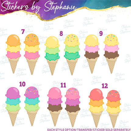 (s02-042) Colorful Triple Scoop Ice Cream Cone Sprinkles Graphic Iron-On Transfer or Sticker