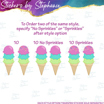 (s02-042) Colorful Triple Scoop Ice Cream Cone Sprinkles Graphic Iron-On Transfer or Sticker