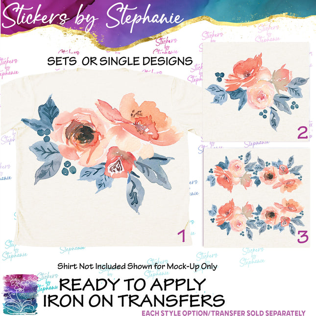 (s02-046) Peach Blue Flowers Graphic Iron-On Transfer