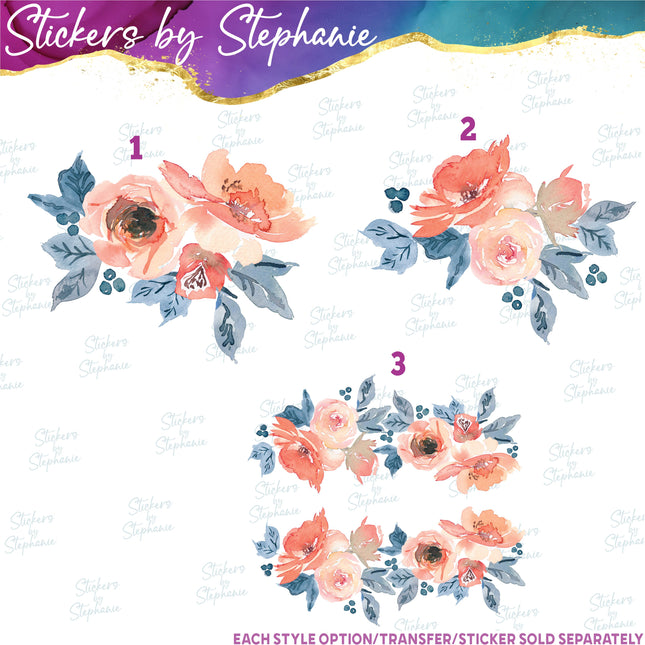 (s02-046) Peach Blue Flowers Graphic Iron-On Transfer