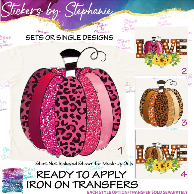(s02-047) Pink Brown Leopard Pumpkin Sunflowers Graphic Iron-On Transfer