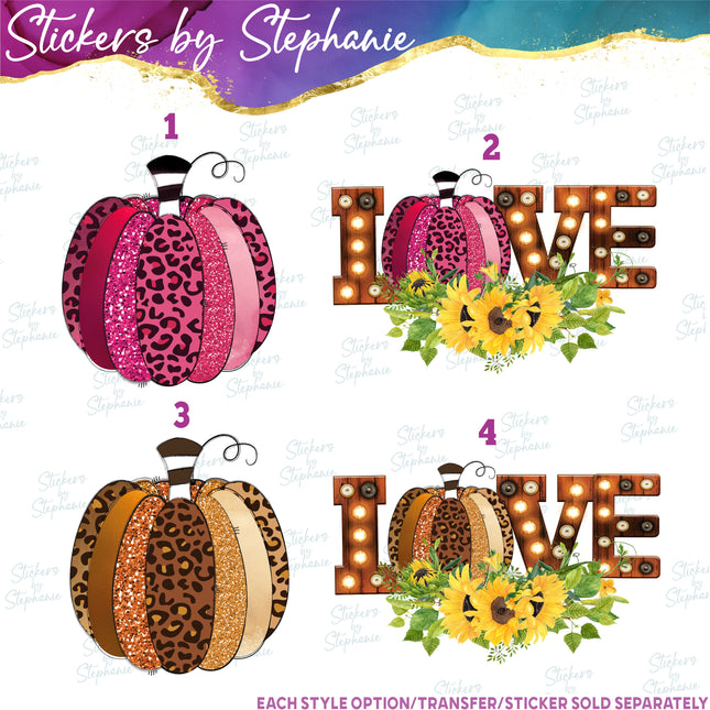 (s02-047) Pink Brown Leopard Pumpkin Sunflowers Graphic Iron-On Transfer