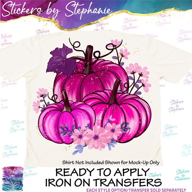 (s02-048) Pink Pumpkins Flowers Graphic Iron-On Transfer or Sticker