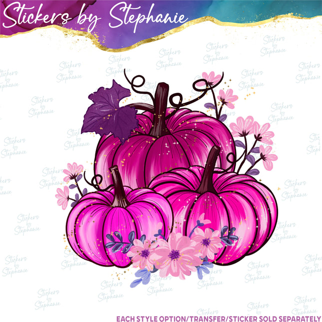 (s02-048) Pink Pumpkins Flowers Graphic Iron-On Transfer or Sticker