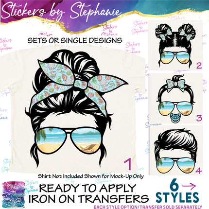 (s02-005) Messy Bun Family Beach Sunglasses Graphic Iron-On Transfer