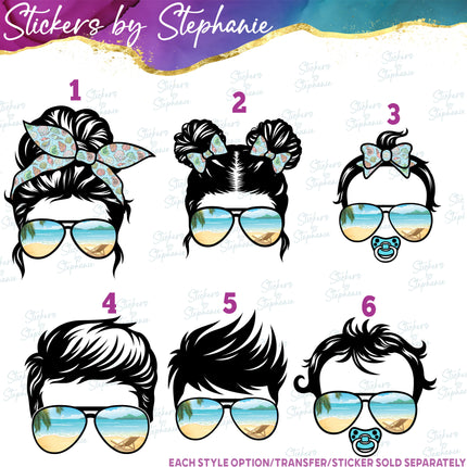 (s02-005) Messy Bun Family Beach Sunglasses Graphic Iron-On Transfer