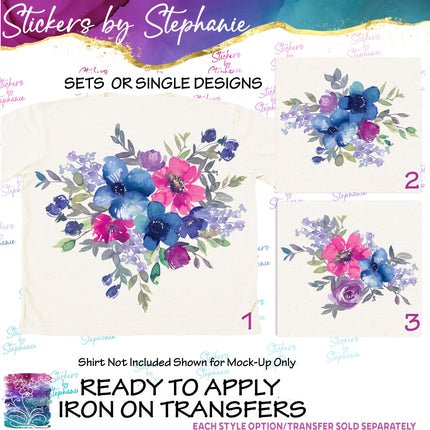 (s02-053) Blue Pink Magenta Flowers Graphic Iron-On Transfer or Sticker