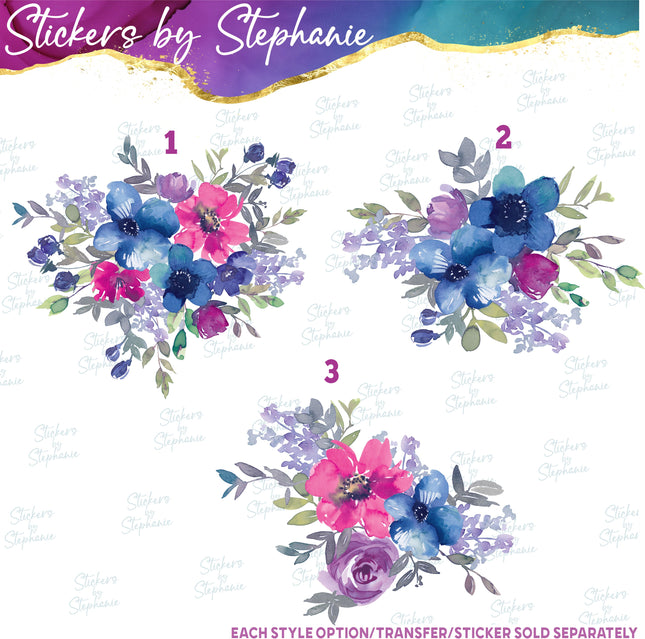 (s02-053) Blue Pink Magenta Flowers Graphic Iron-On Transfer