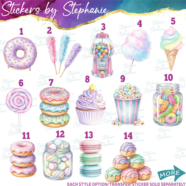 (s02-054) Pastel Sweets Candy Illustrated Graphic Iron-On Transfer