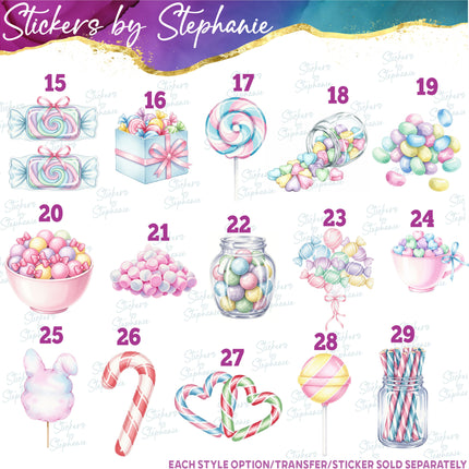(s02-054) Pastel Sweets Candy Illustrated Graphic Iron-On Transfer or Sticker