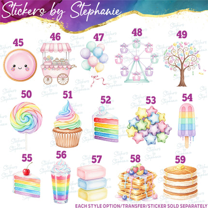 (s02-054) Pastel Sweets Candy Illustrated Graphic Iron-On Transfer or Sticker