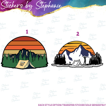 (s02-055) Mountains Tent Camping Illustrated Graphic Iron-On Transfer or Sticker